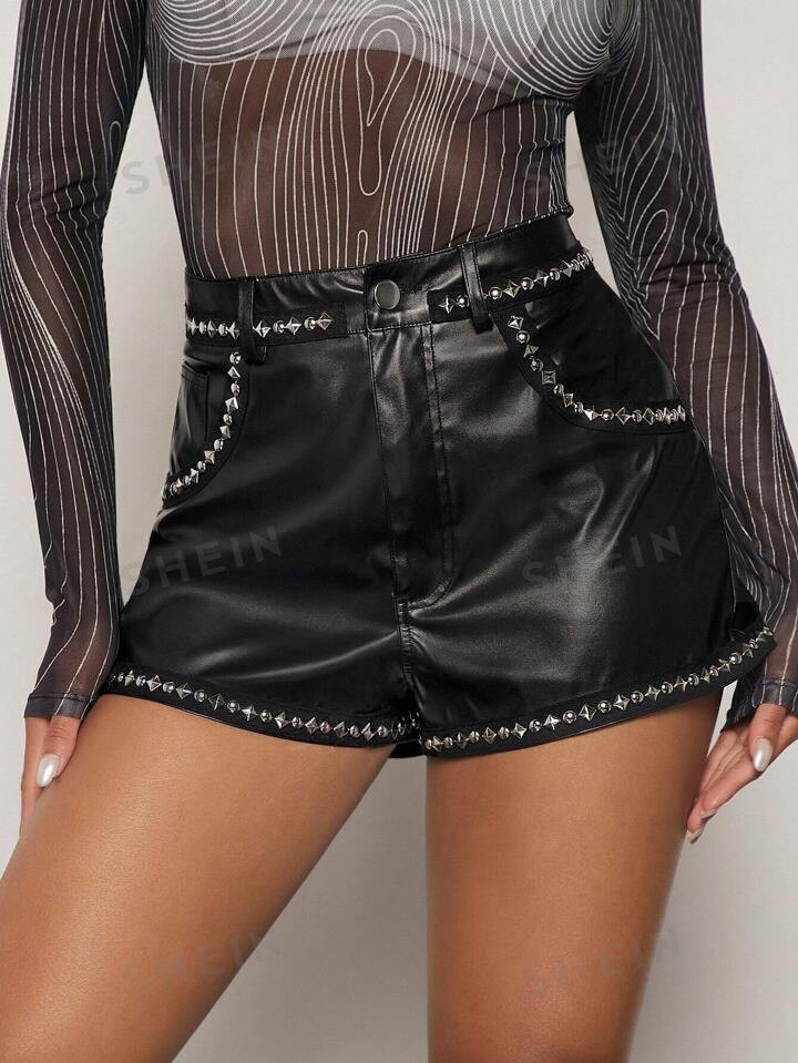 SHEIN BAE Detalhe Cravejado Com Cinto Couro Do Plutônio Shorts | SHEIN
