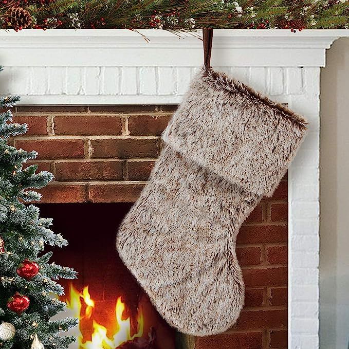 Amazon.com: GMOEGEFT Christmas Stocking 20.5 Inches Brown Plush Faux Fur Xmas Tree Holiday Decora... | Amazon (US)