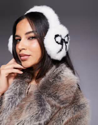 Kaiia exclusive faux fur ear muffs in white bow print | ASOS | ASOS (Global)