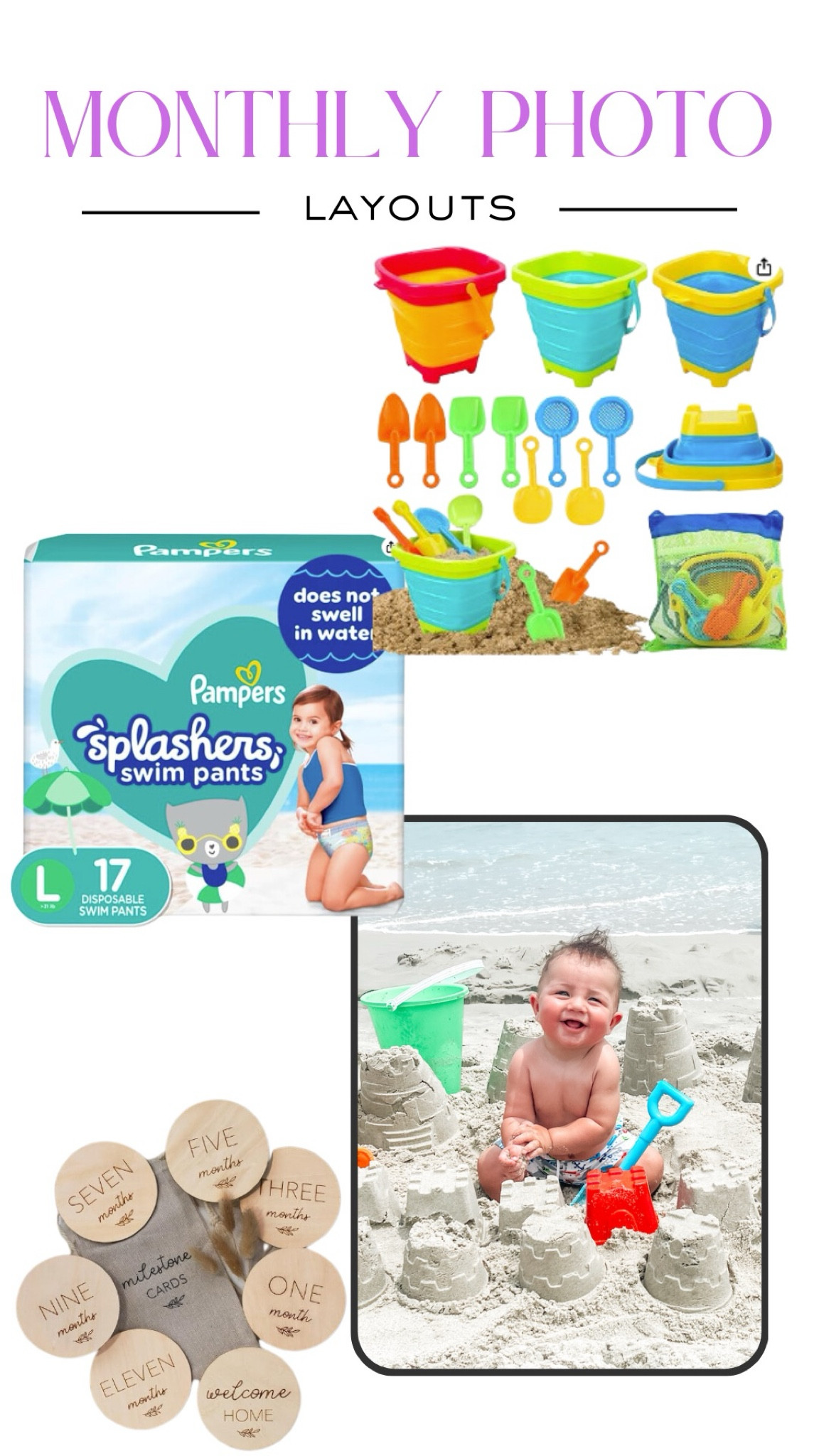 Milestone photos, baby photos, milestone cards, baby photos, July, beach baby, sandcastle toys, swim diapers

#LTKBump #LTKFindsUnder50 #LTKBaby