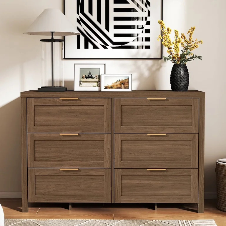 ARKANTOS Wooden 6 Drawer Double Dresser, Large Modern Chests of Drawers for Bedroom, Deep Walnut | Walmart (US)