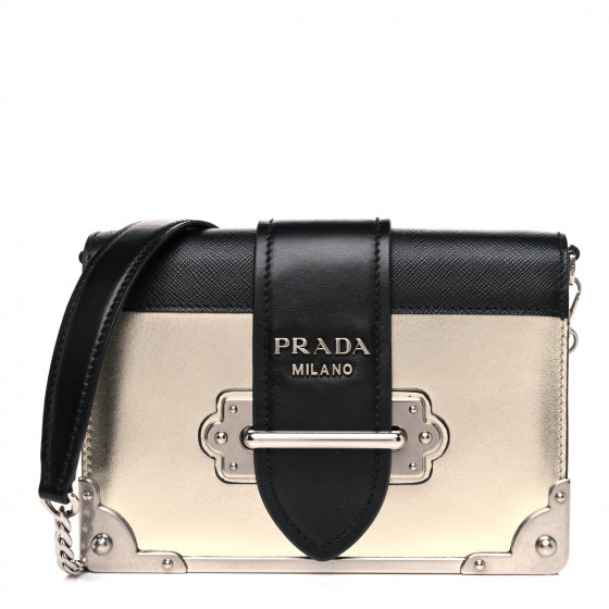 PRADA Metallic City Calf Saffiano Cahier Bag Pirite Black | Fashionphile