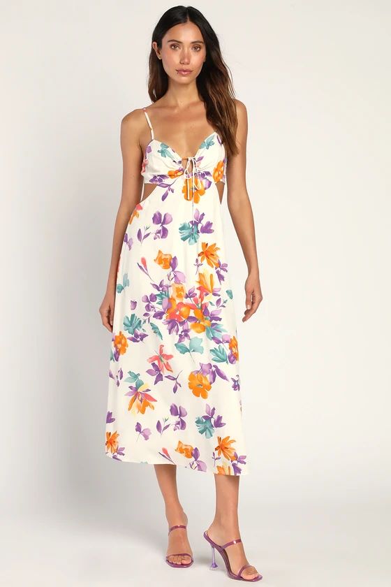 In Full Flower Ivory Floral Print Cutout Midi Dress | Lulus (US)