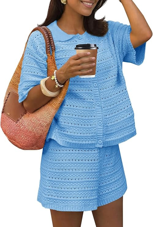 Fisoew Womens Summer 2 Piece Crochet Beach Outfit Cover Ups Button Cardigan Loose Knit Shorts Set... | Amazon (US)