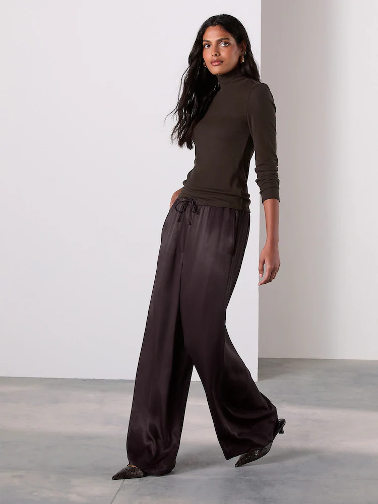 Chocolate Brown Satin Tie Waist Wide Leg Trousers | Next EU