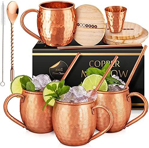 Gift Set Moscow Mule Mugs Set Of 4 16 oz Solid Cooper, 100% Pure Copper Cups HANDCRAFTED, BONUS 4... | Amazon (US)