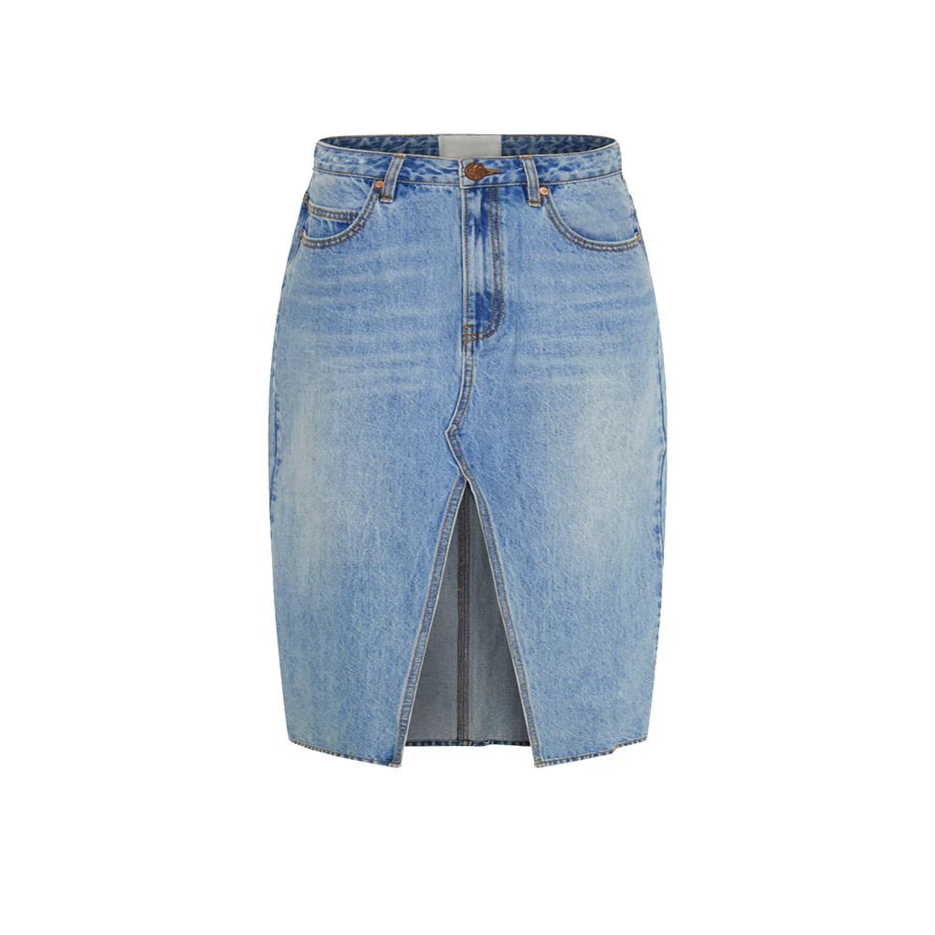 Deconstructed Reconstructed Denim Midi Slit Front Skirt | BAACAL Limited, LLC