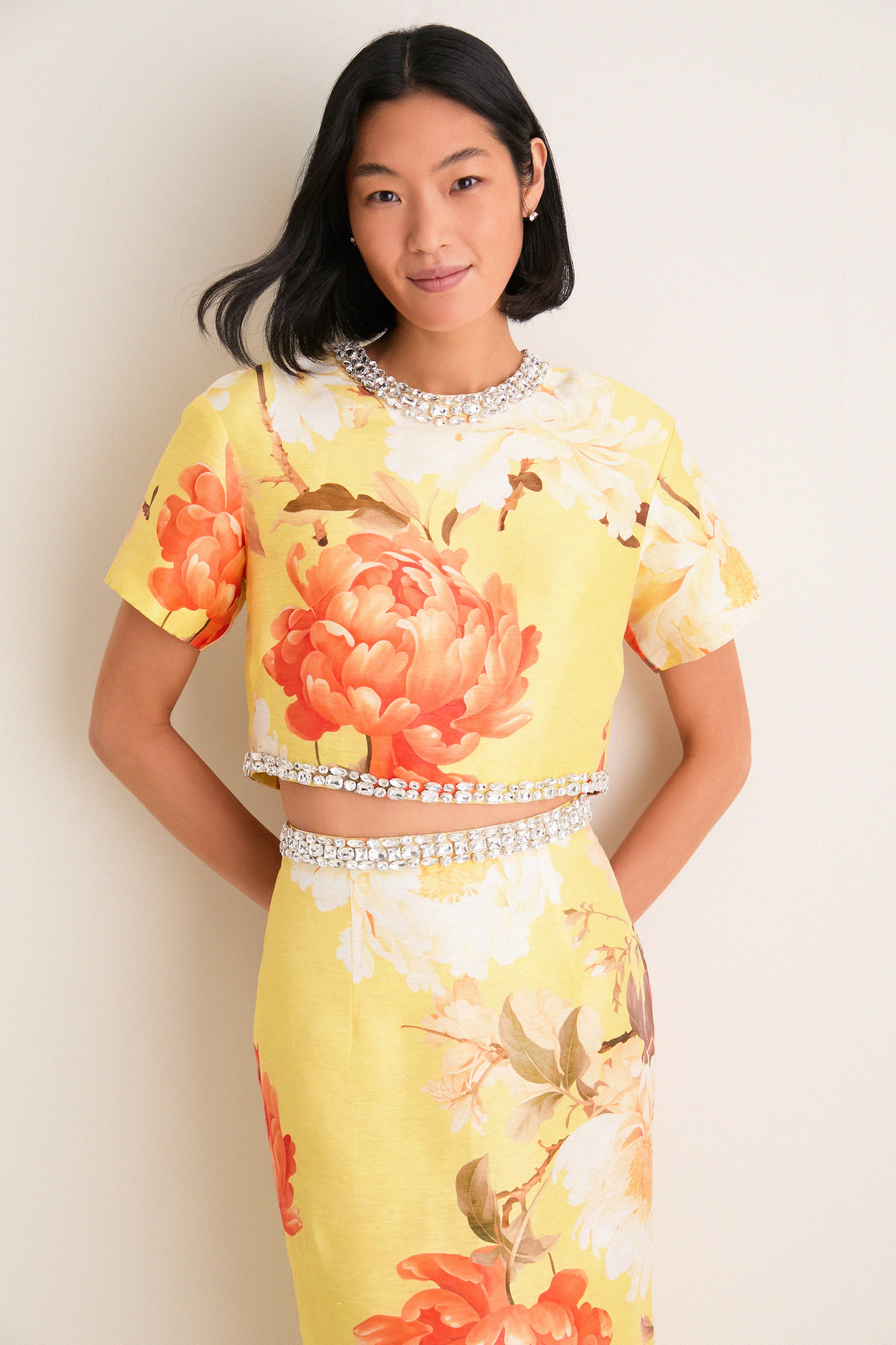 Yellow Peony Print Indie Embellished Sleeve Top | Tuckernuck (US)