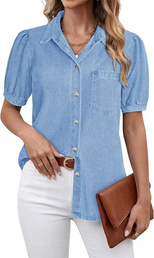 SANMM Denim Shirt Women Casual Button Down Shirts Business Work Blouses Puff Sleeve Womens Summer... | Amazon (US)