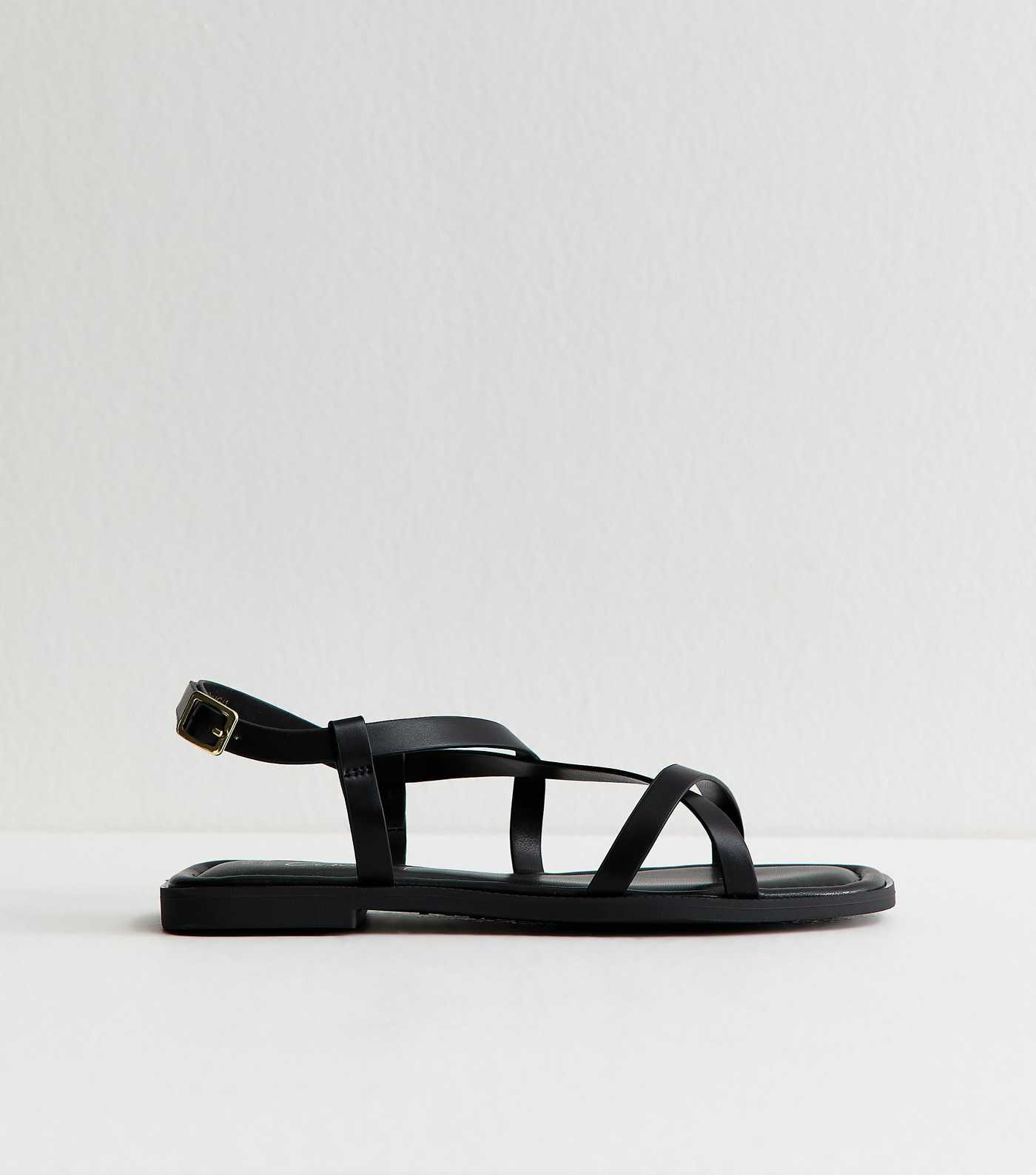 Wide Fit Black Faux Leather Multi Strap Flat Sandals | New Look | New Look (UK)