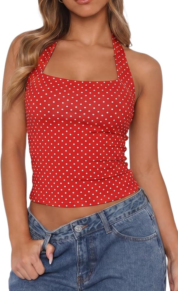 QINSEN Women's Backless Halter Tank Top Button Closure Square Neck Double Line Casual Daily Top G... | Amazon (US)
