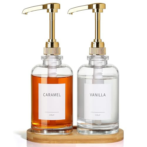 ALPIRIRAL Coffee Syrup Dispenser, Glass Syrup Pump Dispenser for Coffee Bar Accessories, Maple Syrup Bottles with Tray, Simple Syrup Bottles with 1/4oz Large Capacity Gold Pump, 2 Pack 16.9 Fl oz | Amazon (US)