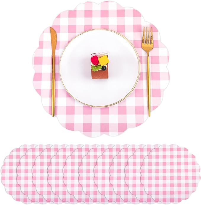 60pcs Pink and White Gingham Paper Placemats 13.5 Inch Disposable Scalloped Pink Checkered Plaid ... | Amazon (US)