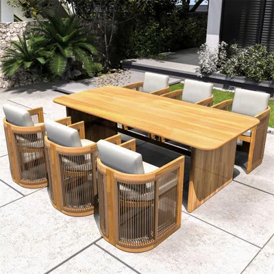6-Piece Acacia Wood Outdoor Dining Set With Cushioned Rope Chairs – Natural Finish Patio Table And 6 Semi-Circle Back Chairs | Wayfair North America