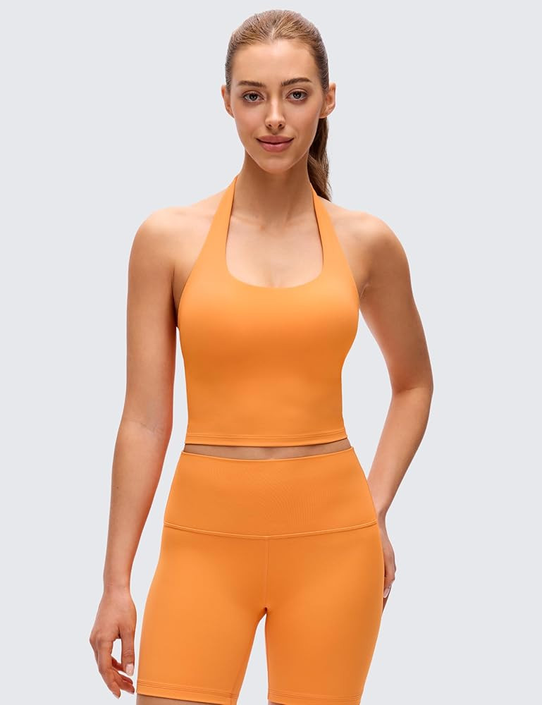 CRZ YOGA Butterluxe Halter Crop Tank Tops for Women - Open Back Padded Longline Sports Bras Worko... | Amazon (US)