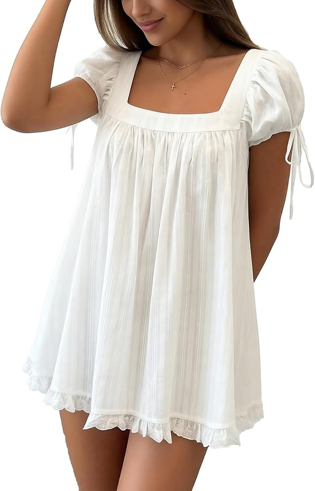 Awoscut Women's Babydoll Mini Dress Summer Petal Sleeves Scoop Neck Loose A Line Frill Short Sund... | Amazon (US)