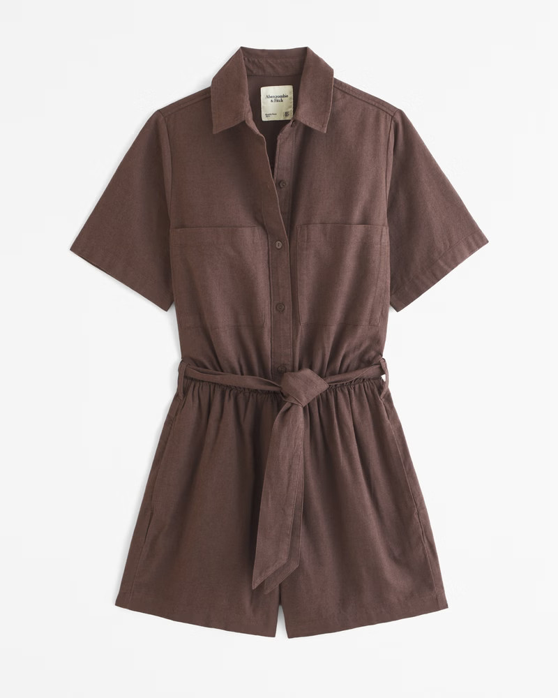 Abercrombie & Fitch Women's Linen-Blend Utility Romper in Dark Brown - Size XS PETITE | Abercrombie & Fitch (US)