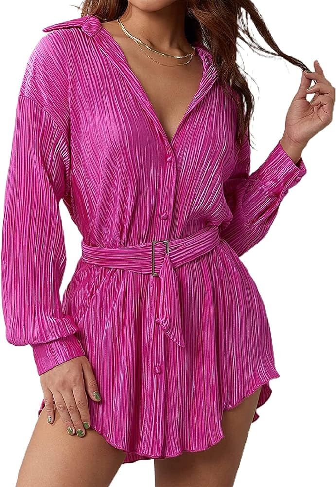 ABYOVRT Women Shirt Dresses Long Sleeve Pleated Mini Dress Casual Button Down Tunic Tops with Bel... | Amazon (US)