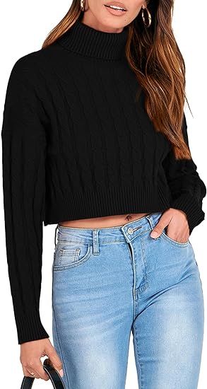 PRETTYGARDEN Women's Cropped Turtleneck Sweater Long Sleeve Cable Knit Pullover Sweater Jumper Co... | Amazon (US)