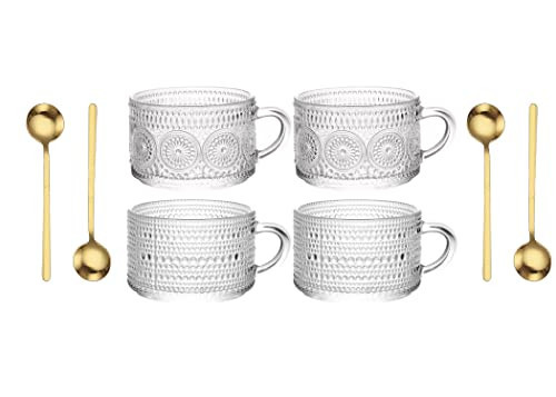 Vintage Glass Coffee Mugs 14 Oz Set of 4 Embossed Glass Cups for Tea, Coffee Mugs for Cappuccino, Latte, Cereal, Yogurt, Hot/Cold Holiday gift and Housewarming, Great Gift | Amazon (US)