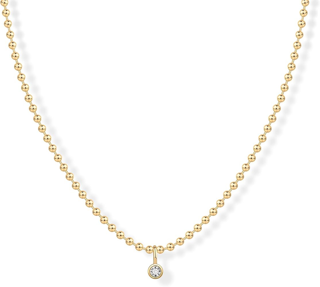 PAVOI 14K Gold Plated Dainty Tube Ball Square Beaded Chain Bezel Set Solitaire Pendant Necklace f... | Amazon (US)
