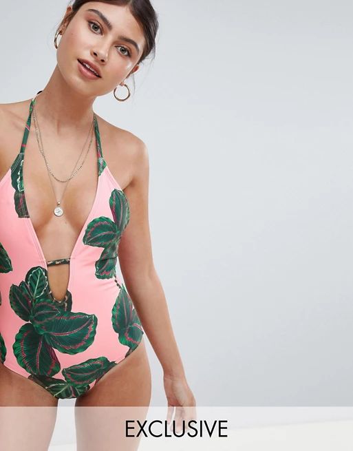 Missguided Tropical Plunge Tab Front Swimsuit | ASOS US