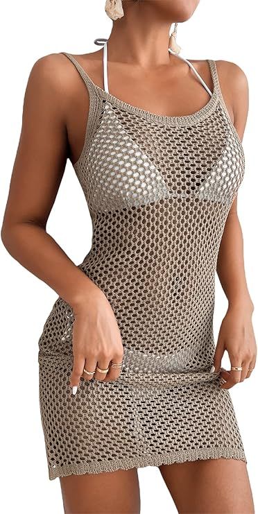 SheIn Women's Crochet Hollow Out Cover Up Dress Sleeveless Knitted Mini Beach Dresses Swimwear | Amazon (US)