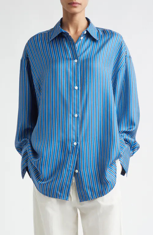 TOTEME Oversize Stripe Silk Button-Up Shirt in Blue/navy at Nordstrom, Size 38 | Nordstrom