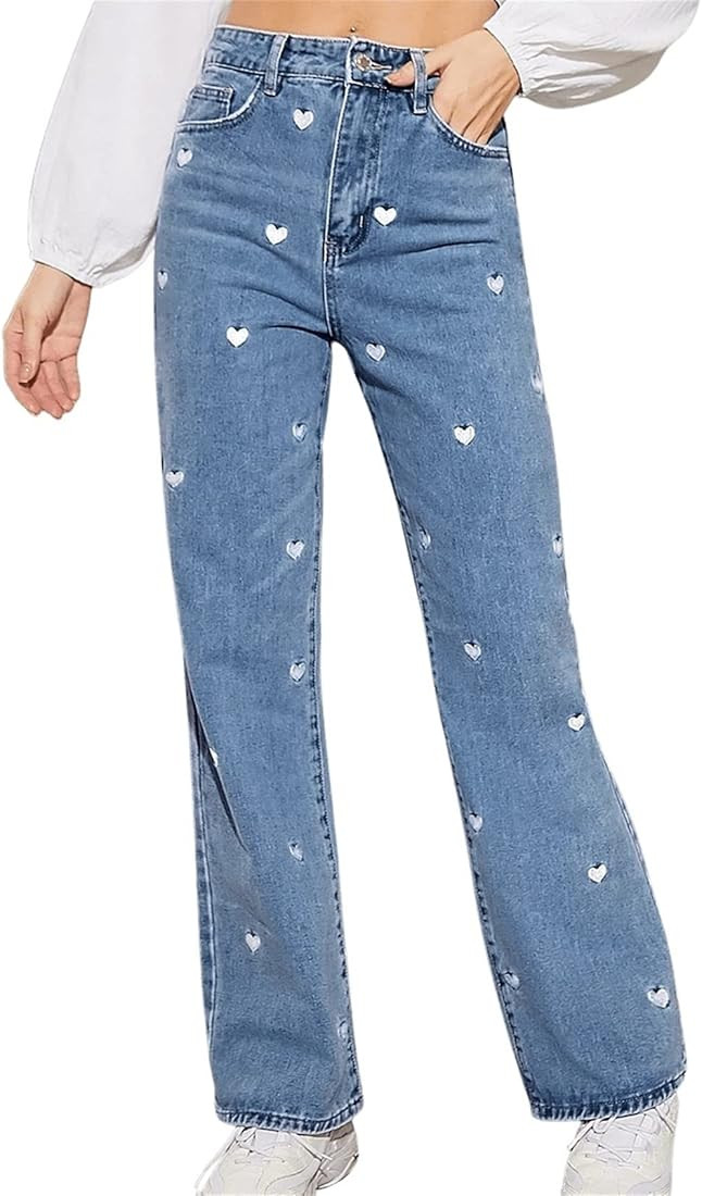 SweatyRocks Women's Casual Loose High Waist Solid Straight Wide Leg Jeans | Amazon (US)