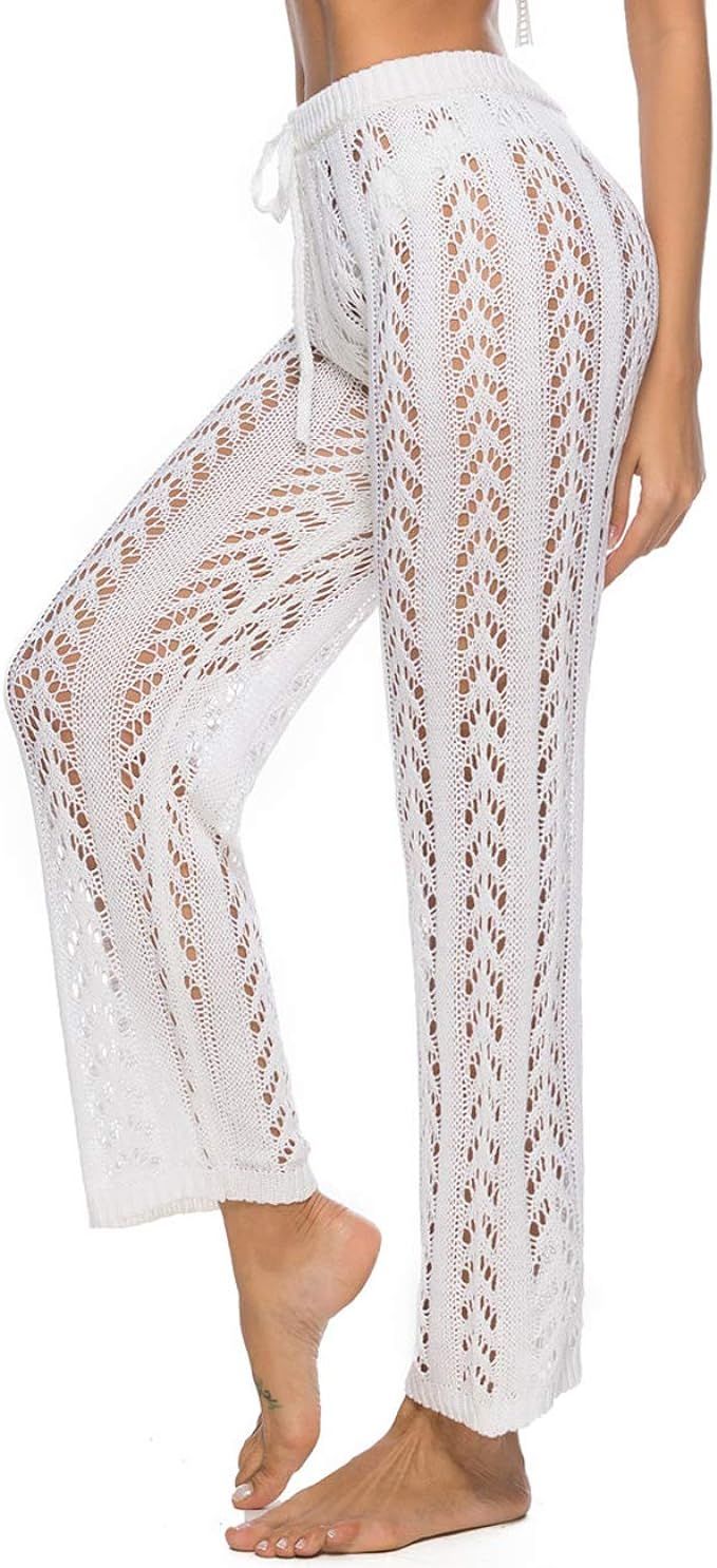 Womens Cover Up Pants Sexy Hollow Out Crochet High Waist Mesh Beach Bikini Swimsuits Pants | Amazon (US)