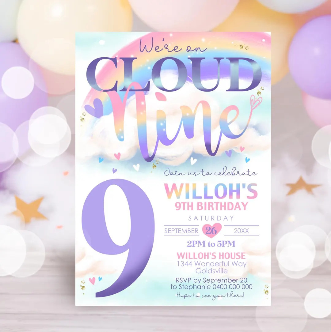 Cloud 9 Birthday Invitation Editable Cloud Nine Birthday Invitation Digital Rainbow Cloud 9 Invit... | Etsy (US)