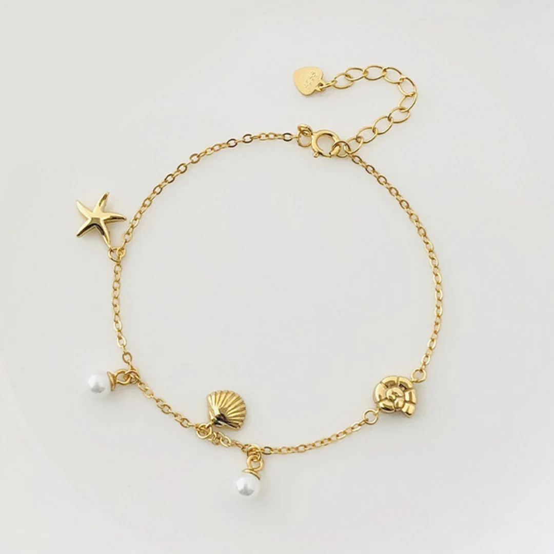 Seashell Starfish Charm Bracelet, Shell Pearl Friendship Bracelet, Gold Plated Sterling Silver Je... | Etsy (US)