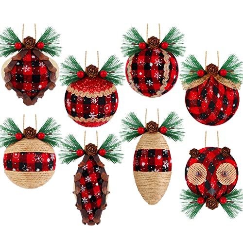 MCEAST 8 Pack Christmas Ball Ornaments Christmas Foam Ball Decorations Buffalo Plaid Fabric Hanging  | Amazon (US)