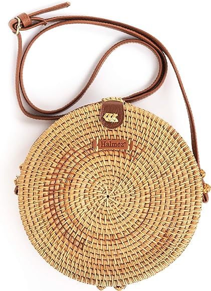 PREMIUM Rattan Bag for Women Round Handwoven Straw Bag Leather Crossbody Shoulder Strap Handbag D... | Amazon (US)