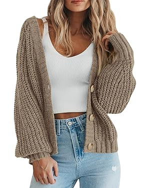 PRETTYGARDEN Women's Chunky Knit Open Front Sweater Long Sleeve Button Loose Short Cardigan Outer... | Amazon (US)