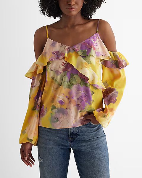 Floral Off The Shoulder Balloon Sleeve Faux Wrap Ruffle Top | Express
