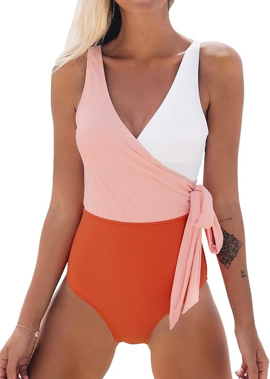 CUPSHE Women's One Piece Swimsuit Wrap Color Block Tie Side Bathing Suit | Amazon (US)