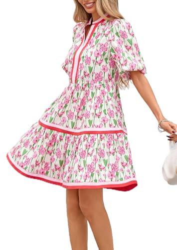 Womens Floral Mini Dresses Short Sleeve V Neck Flowy Babydoll Dress Summer Beach Vacation Boho Outfits Pink | Amazon (US)