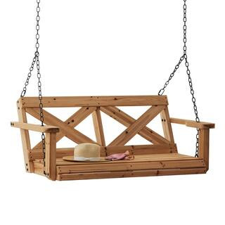 Farmhouse 55 in. 2-Person All Cedar Wood Outdoor Porch Patio Swing with Chains, Supports up to 60... | The Home Depot