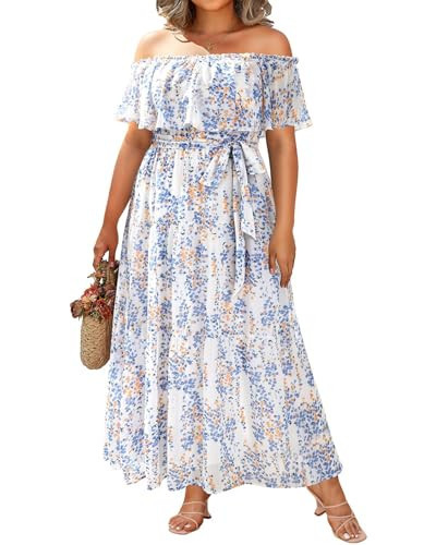 Plus Size Long Summer Dresses Casual Boho Off The Shoulder Maxi White Floral Easter Chiffon Beach Tiered Sundress 2024 | Amazon (US)