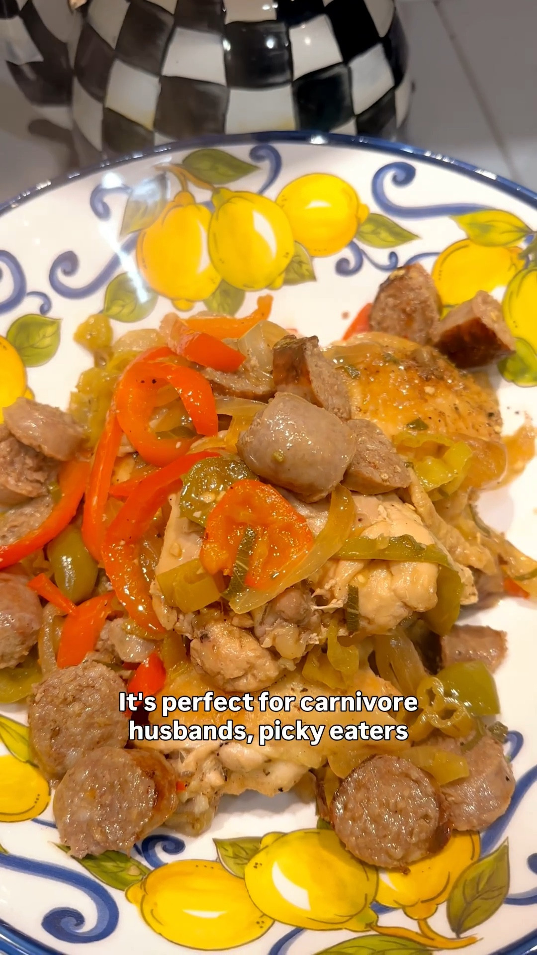 Here’s the recipe for Scarpariello Chicken 

And get everything you need!

Ingredients
	•	2½ lbs bone-in, skin-on chicken thighs (6–8)
	•	Salt & pepper
	•	1 tbsp oil
	•	3–4 Italian sausage links
	•	1 onion, sliced
	•	1 red bell pepper, sliced
	•	2 tbsp fresh sage, minced
	•	6 garlic cloves, sliced
	•	8 pickled cherry peppers + ¼ cup juice
	•	1 cup white wine
	•	1 cup chicken stock
	•	2 tbsp sugar
	•	2 tbsp butter

⸻

Directions
	1.	Preheat oven to 350°F. Season chicken.
	2.	Sear chicken skin-side down until crispy (8 min), flip (3 min). Remove.
	3.	Brown sausage, slice, set aside.
	4.	Cook onion + pepper until soft. Add garlic + sage.
	5.	Add cherry peppers + juice, wine (reduce 2 min), then stock + sugar.
	6.	Return sausage + chicken (skin up).
	7.	Bake 30 min until tender and saucy.
	8.	Finish with butter and serve.

⸻

✨ Serve with: pasta or rice


#italianfood #comfortfood #chickendinner 

#LTKfoodie #LTKmomlife