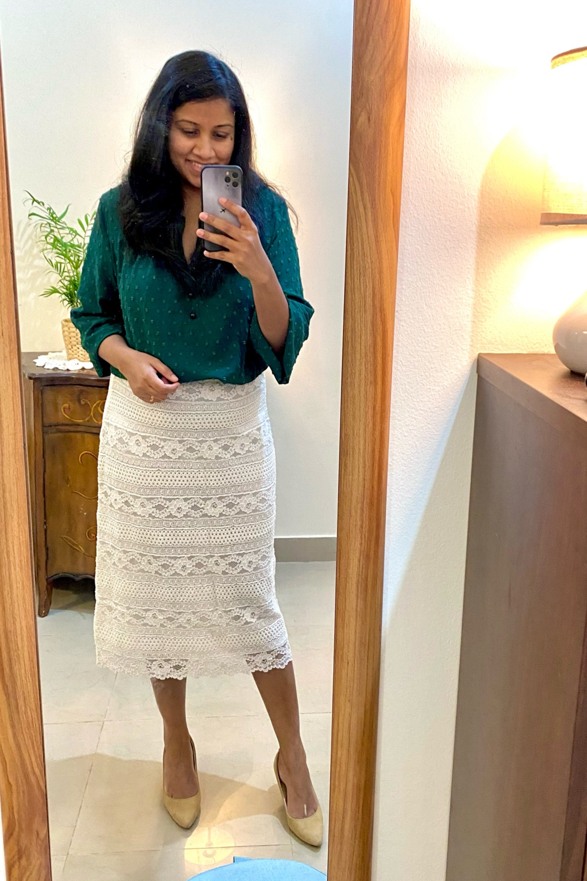 5 Ways to wear a forest green blouse 
With a lace skirt 

#LTKCyberweek #LTKHoliday #LTKSeasonal