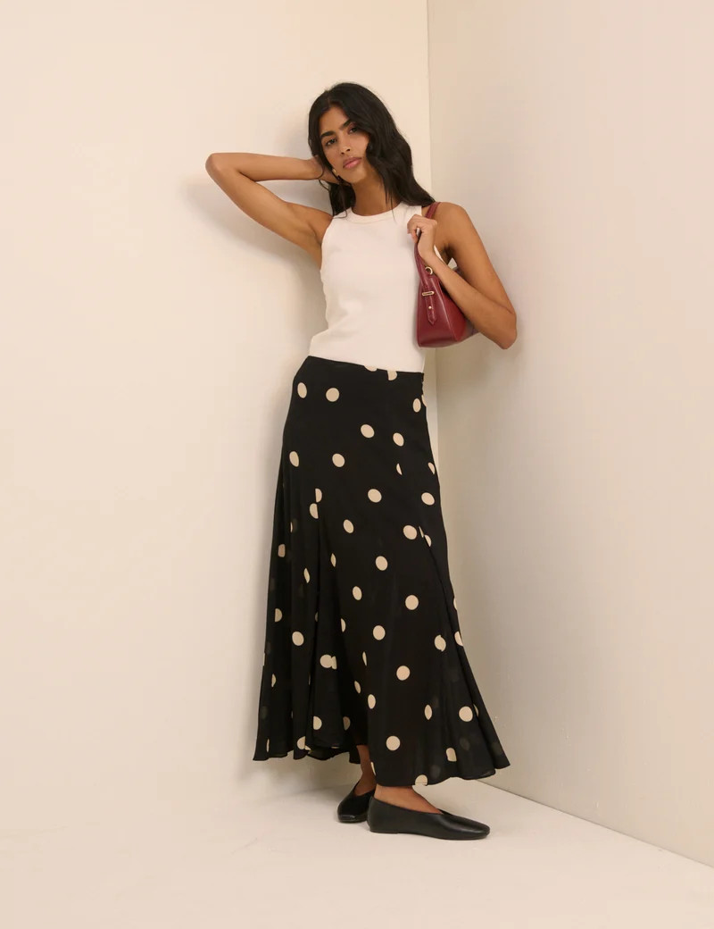 Black and Cream Polka Dot Selene Maxi Skirt | Nobody's Child