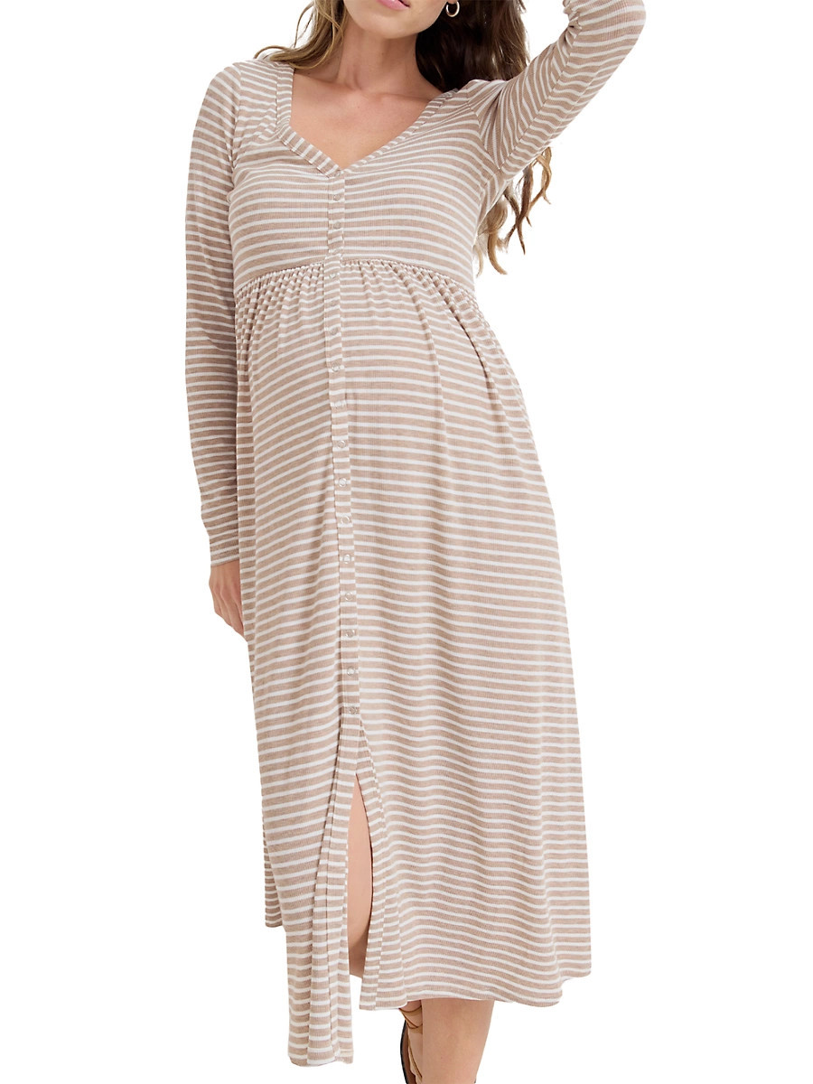 Women's The Softest Rib Maternity Nursing Friendly Dress - Biscotti Ivory Stripe - Size Small | Saks Fifth Avenue