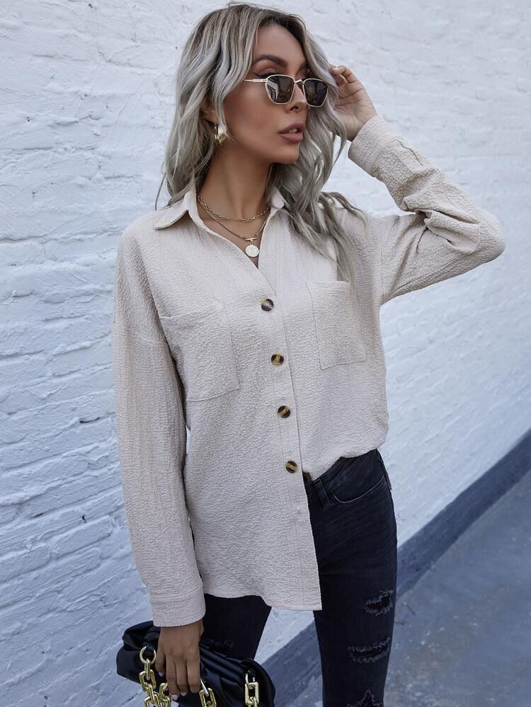 Textured Dual Pocket Button Up Blouse | SHEIN