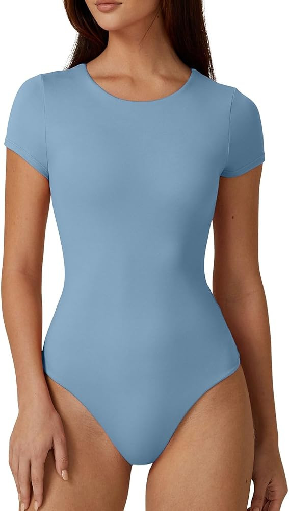 QINSEN Women's Crew Neck Short Sleeve Bodysuit Double Lined Body Suits Basic T-shirt Tops | Amazon (US)