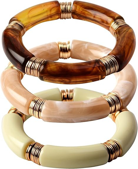 Simple Beaded Gold Plated Bangles Bracelet Chunky Bamboo Tube Curved Stacking Clear Acrylic Color... | Amazon (US)