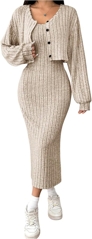 Floerns Women's 2 Piece Outfit Ribbed Knit Crop Cardigan Square Neck Bodycon Tank Long Dress Sets | Amazon (US)