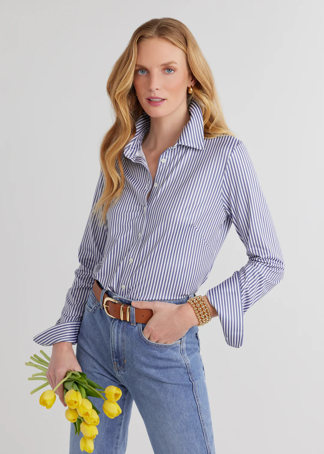 Beaufort Button Down in Luxe Stretch (Blue Pinstripe) | Dudley Stephens