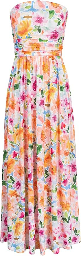 HUSKARY Women Strapless Dress Casual Summer Tube Top Dress Ruched Sleeveless Flowy Midi Dress wit... | Amazon (US)
